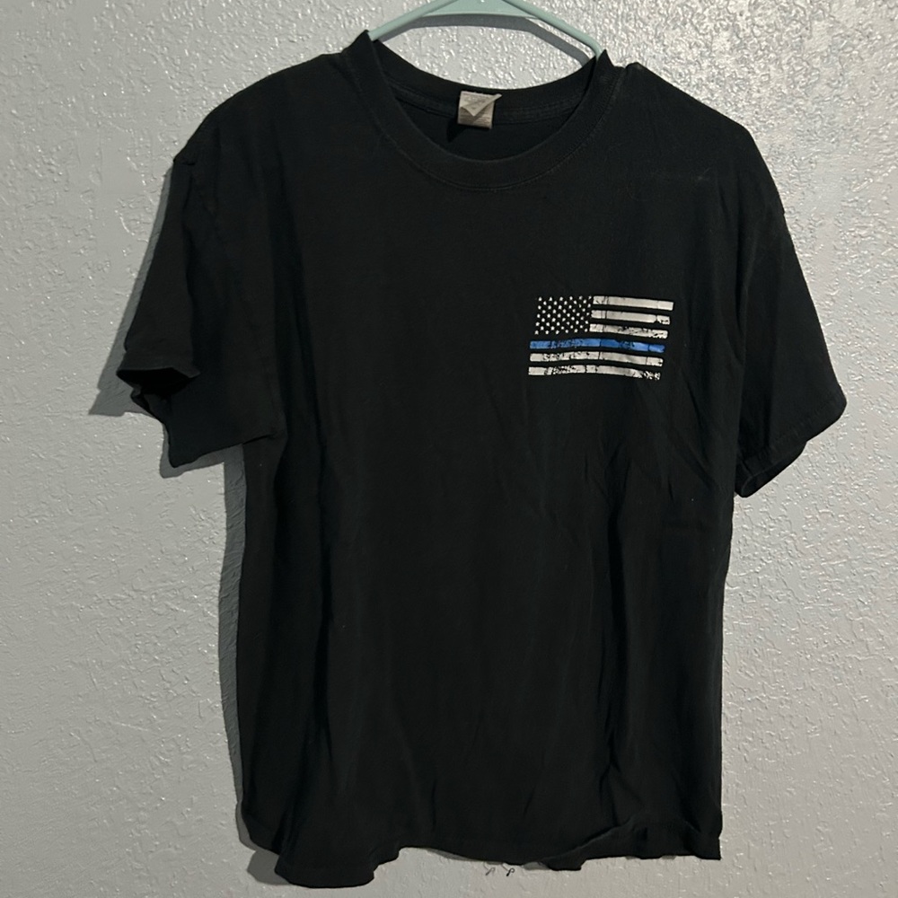 Gildan Black Tee with Blue Stripe Flag